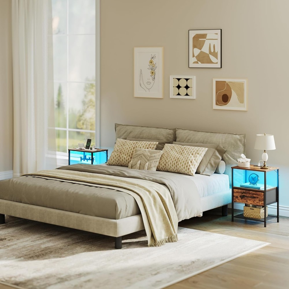Night Stand Set 2, End Table with Charging Station, LED Bedside Table with Fa...