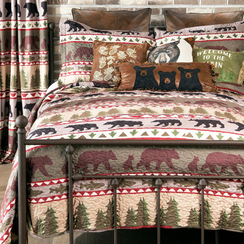 Rustic Bear Stripe Microfiber Quilt Set - 3-Piece Full/Queen Bedding