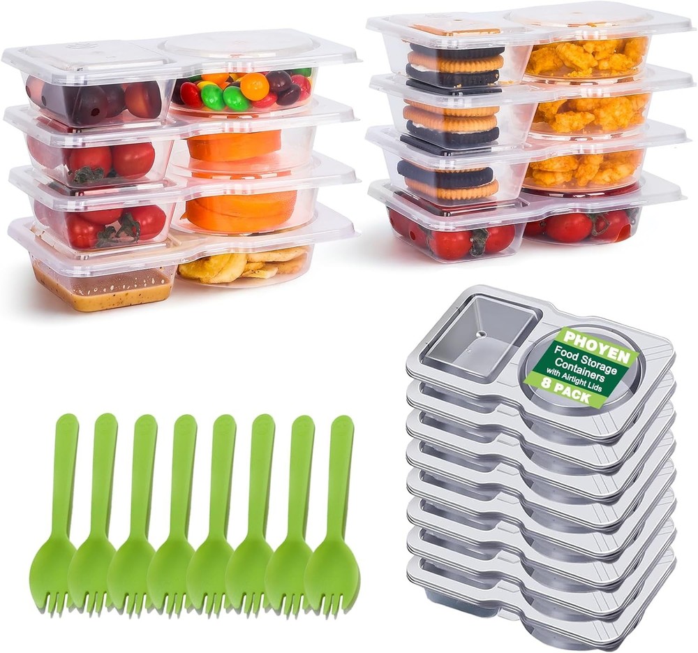 8 Sets Reusable Snack Containers with Lids, Double Compartment 8 PCS