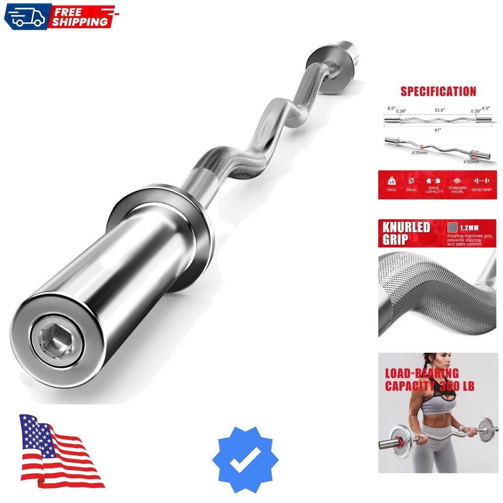 Olympic Barbell Curl Bar EZ Bar Strength Training Bar Threaded Chrome Barbell...