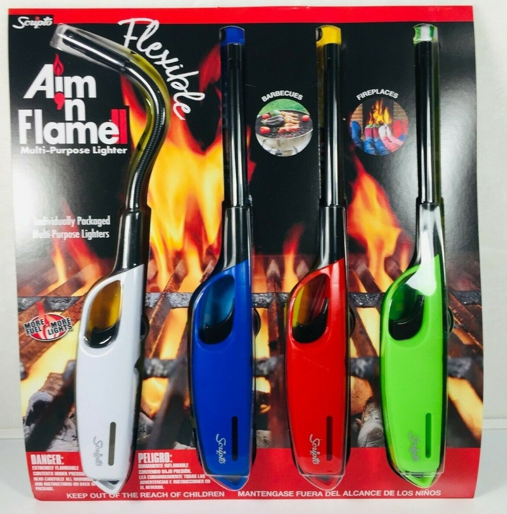 Scripto Aim 'N Flame Multi-Purpose Lighters, Pack of 4 Flame Fireplaces . New