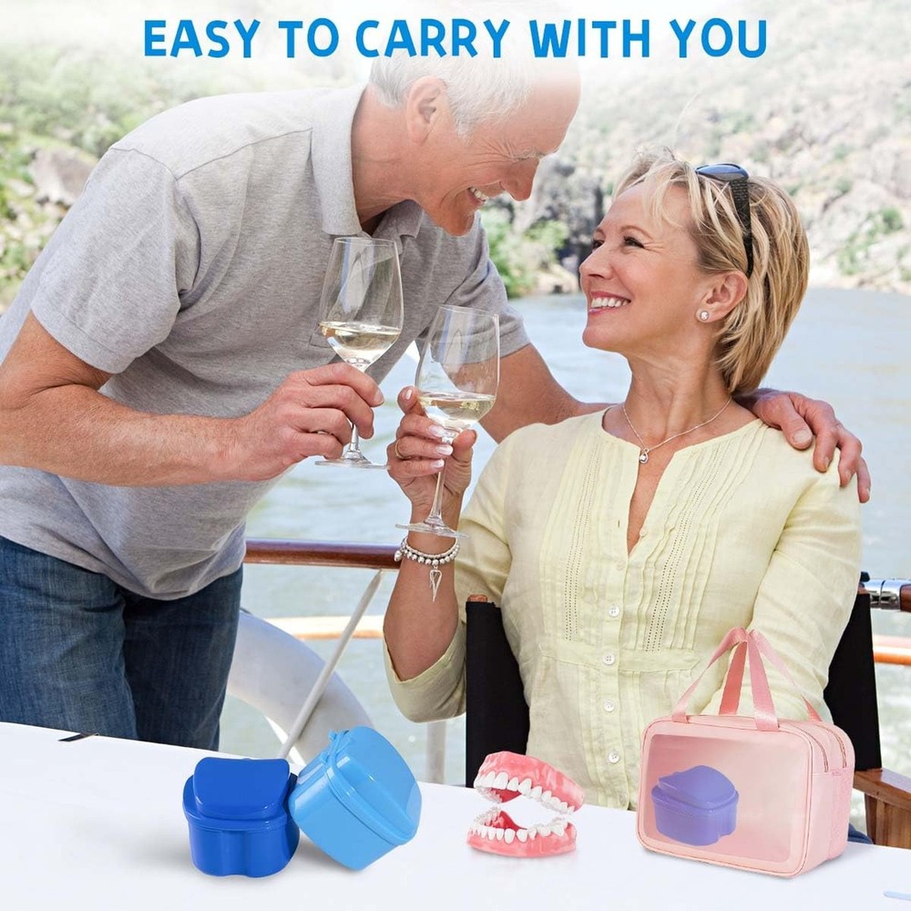 White Denture Bath Case Cup Box Holder Storage Soak Container with Strainer B...