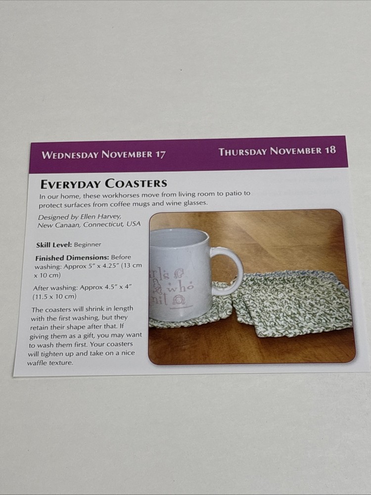 Everyday Coasters Knitting Pattern Card Page