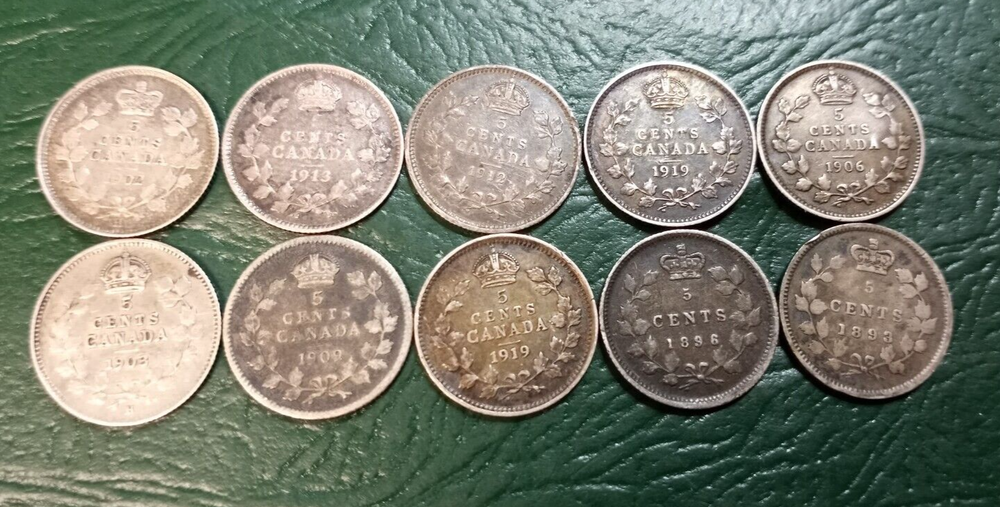 10 Higher Grade Assorted Canada 5 Cents - .925 Silver
