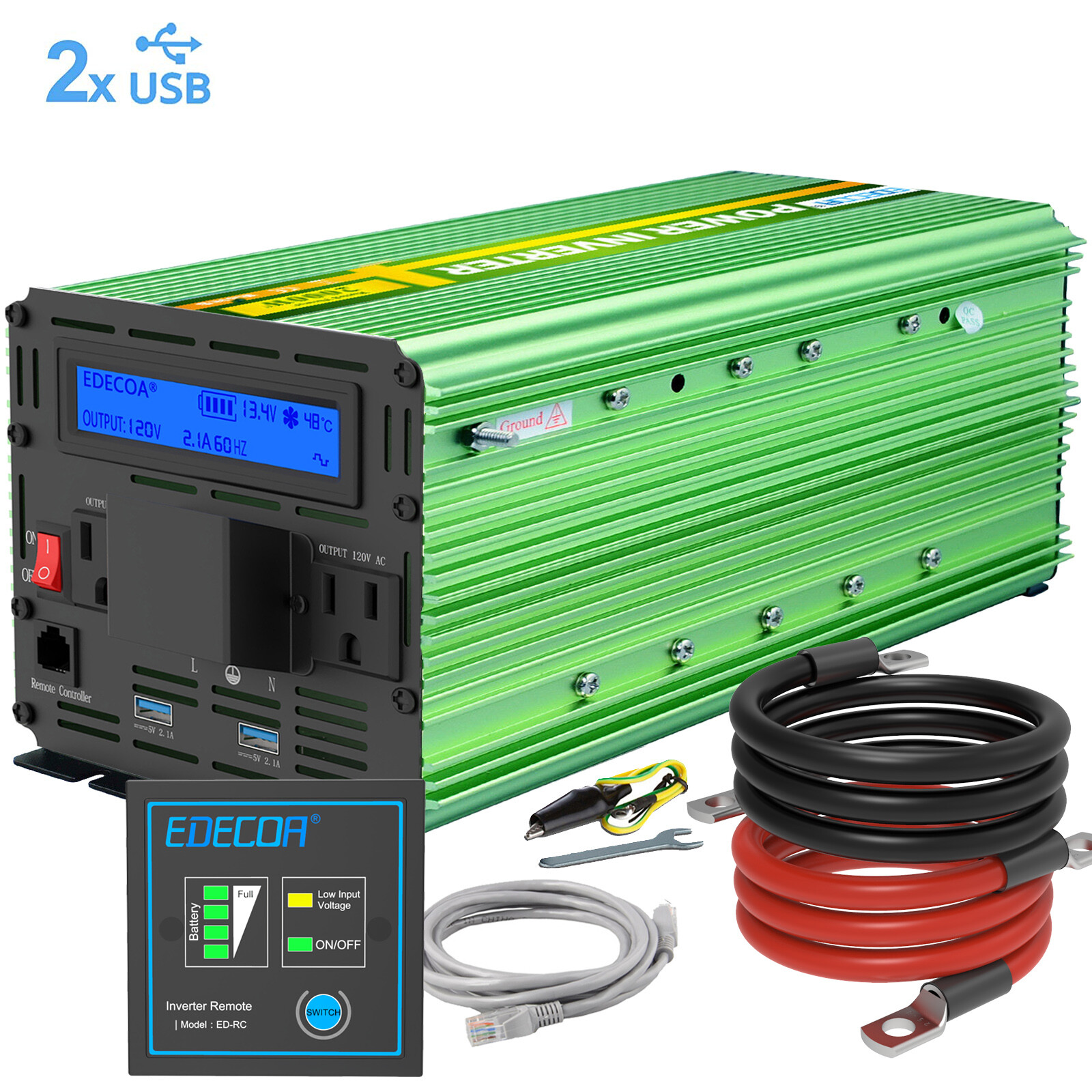 Power Inverter 3000 W 6000 Watt 12V DC to 110V 120V AC LCD Cable Car RV EDECOA