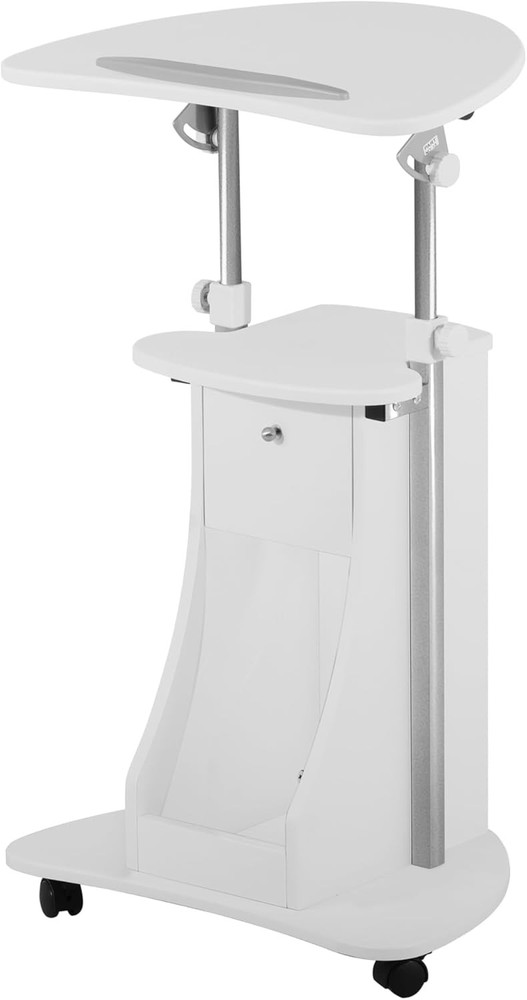 Techni Mobili Adjustable Height Rolling Laptop Cart with Storage, Sit White