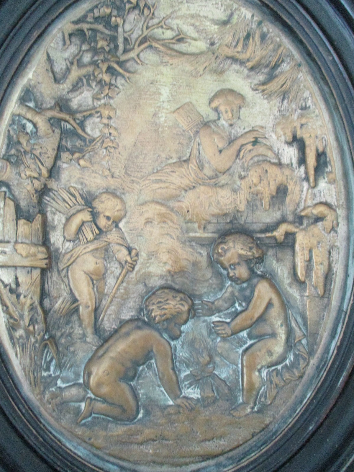 Antique, late 19th C, Neoclassical Patinated Bronze Bas Relief Plaques, Winter