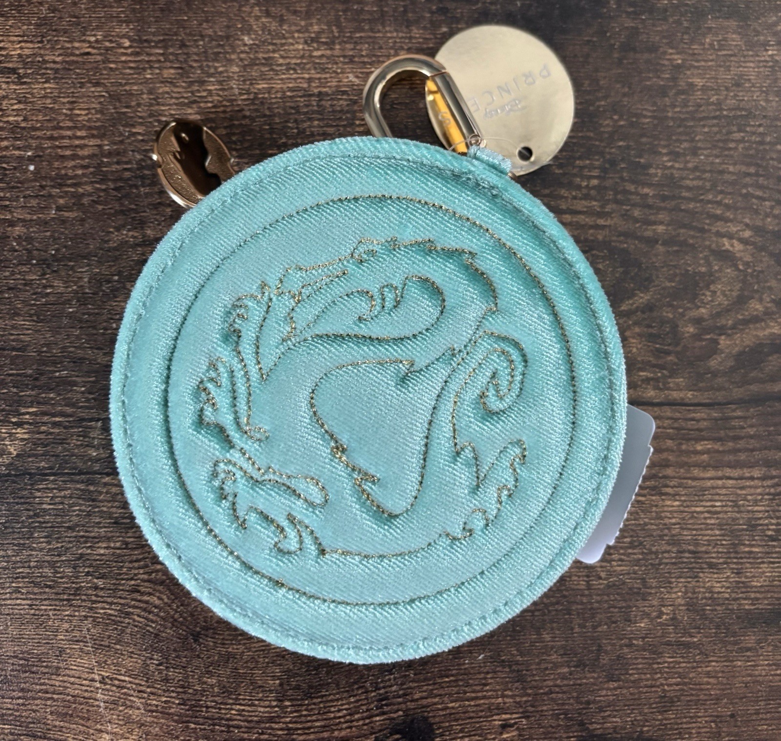 Mulan Bath & Body Works Velvet Round Coin Pouch Purse Aqua with Gold Embroidery