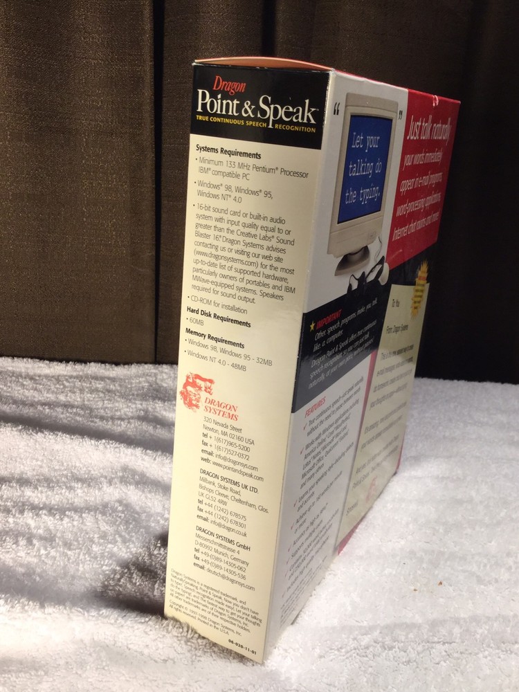 Dragon Systems Dragon Point & Speak 3.0 New But Opened.