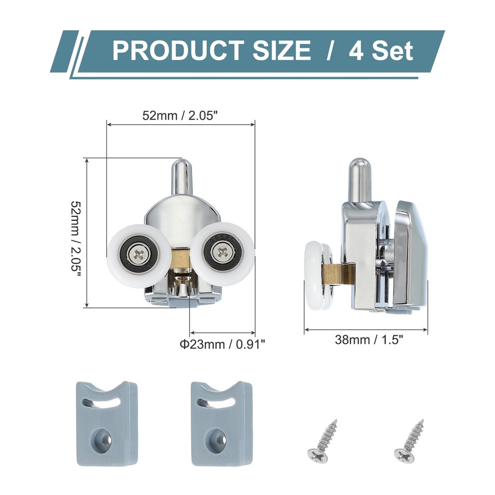 4Pcs 23mm Double Shower Door Rollers Copper Bottom Wheels Pulleys Guide Silver