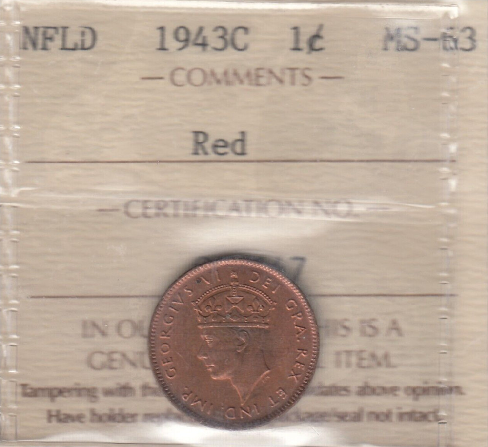 1943c Newfoundland One Cent - ICCS MS-63 Red   C6