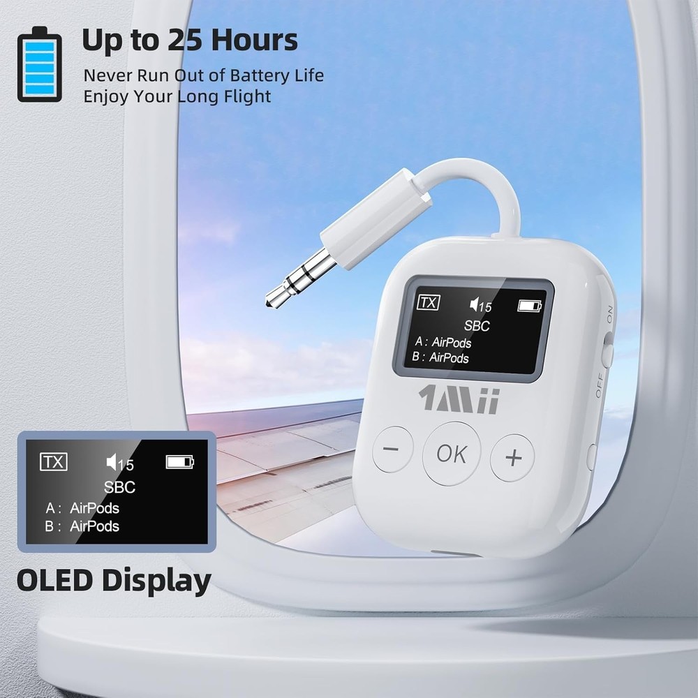 SafeFly Min 3.5mm Bluetooth Transmitter - Dual Device Connection, 25 Hours Use