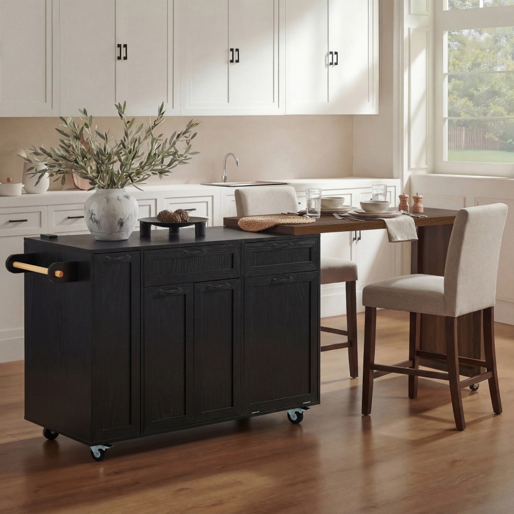 Rolling Kitchen Island with Extendable Dining Table Concealed Trash Storage