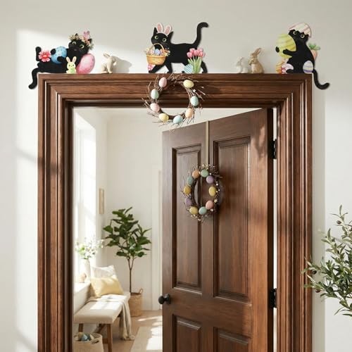 Easter Black Cat Wooden Door Corner Decor Set of 3, Cute Wall Decorations