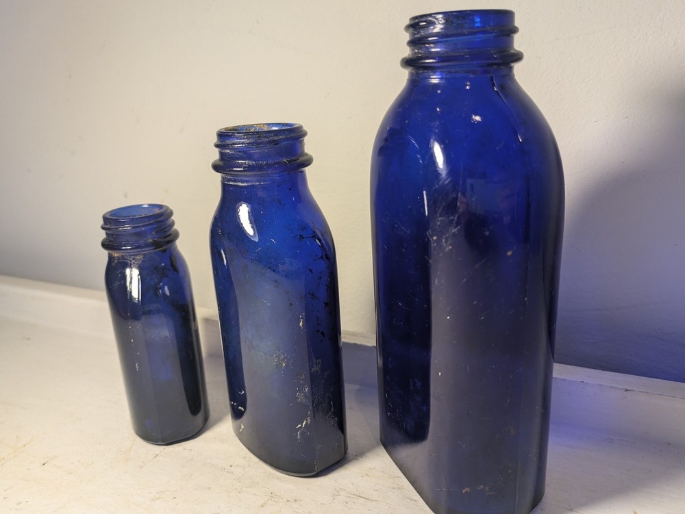 Three Vintage Blue Glass Bottle Small