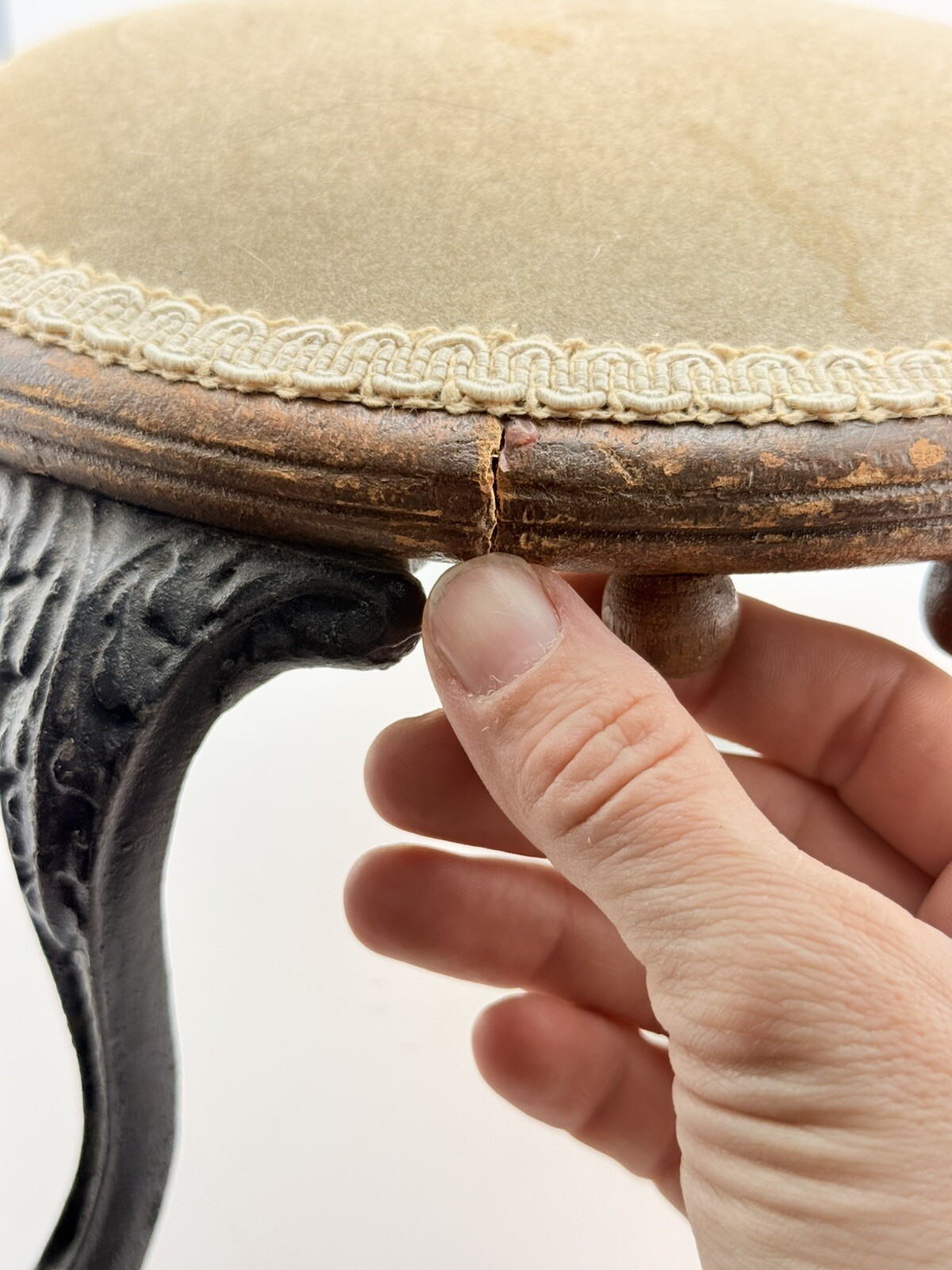 Antique Victorian Cast Iron Wood Foot Stool Ornate Read Description Partial Labe