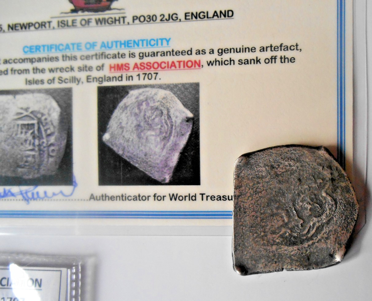 SHIPWRECK treasure 8 REALES coin HMS ASSOCIATION wreck c1679 SILVER COA ship COB