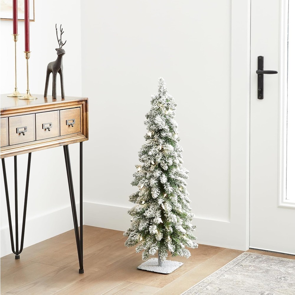 3 ft Pre-Lit Flocked Downswept Forestree Mini Artificial Christmas Tree,50 Cl...