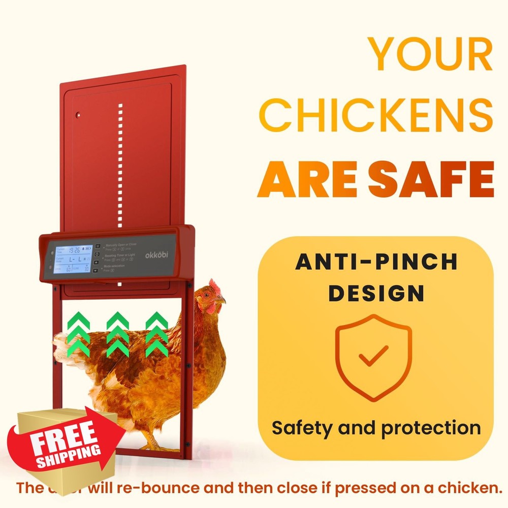 Okkobi Automatic Chicken Coop Door Solar LCD Remote Control Red