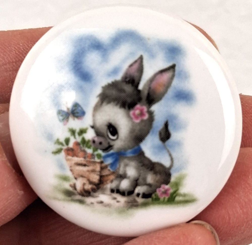 VTG White Porcelain Round Drawer Knobs Pull-Hand Painted? Cute Donkey &Butterfly