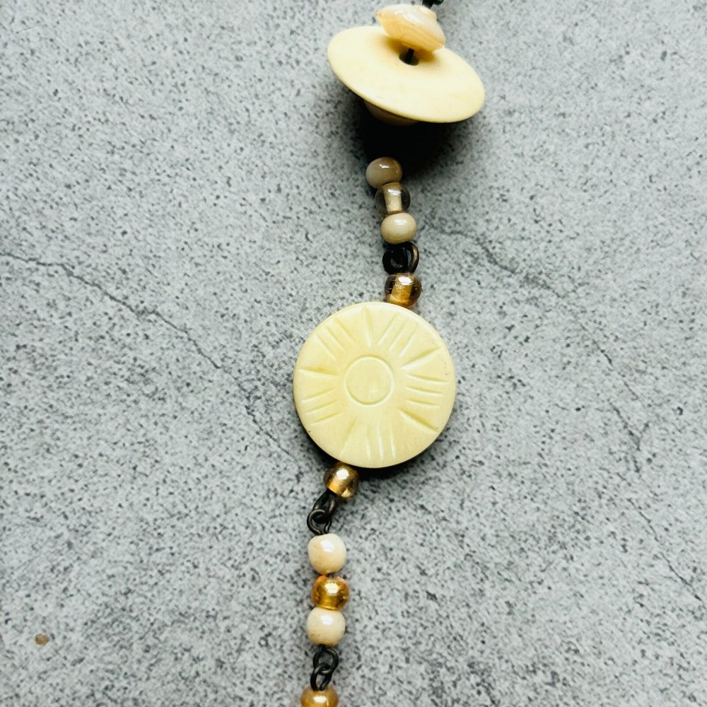 Cream and Brown Beaded Long Statement Necklace 14"