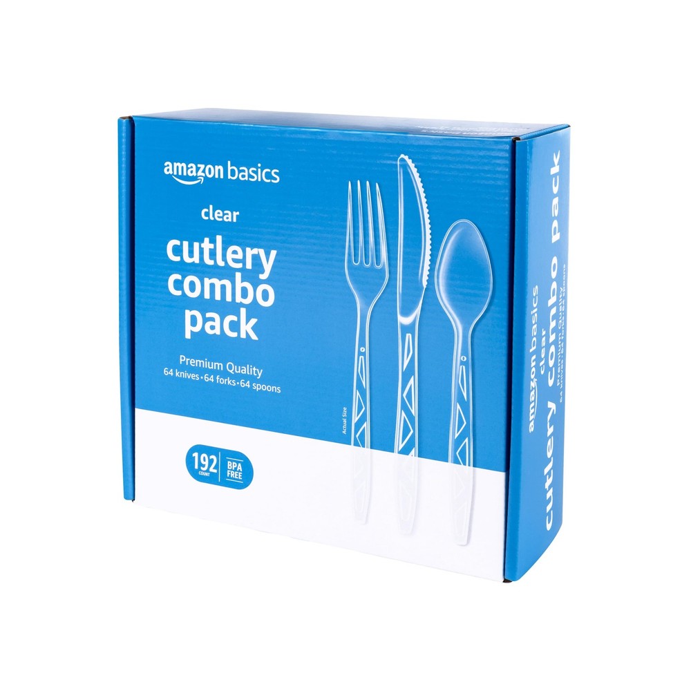 Amazon Basics Disposable Clear Assorted Cutlery Set, Large Pack,
