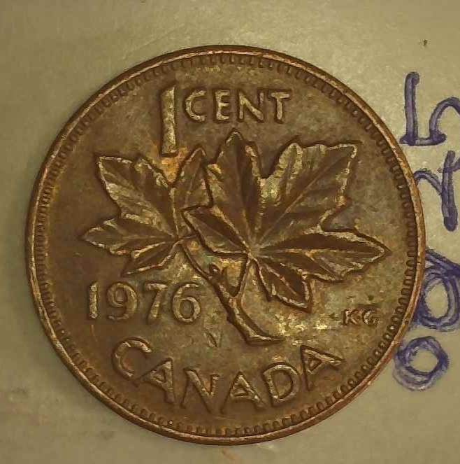 1976 canada 1 cent, Struck Through/DD/Soft DD/Misalign/Die Chips/Beads/Rim/Maple