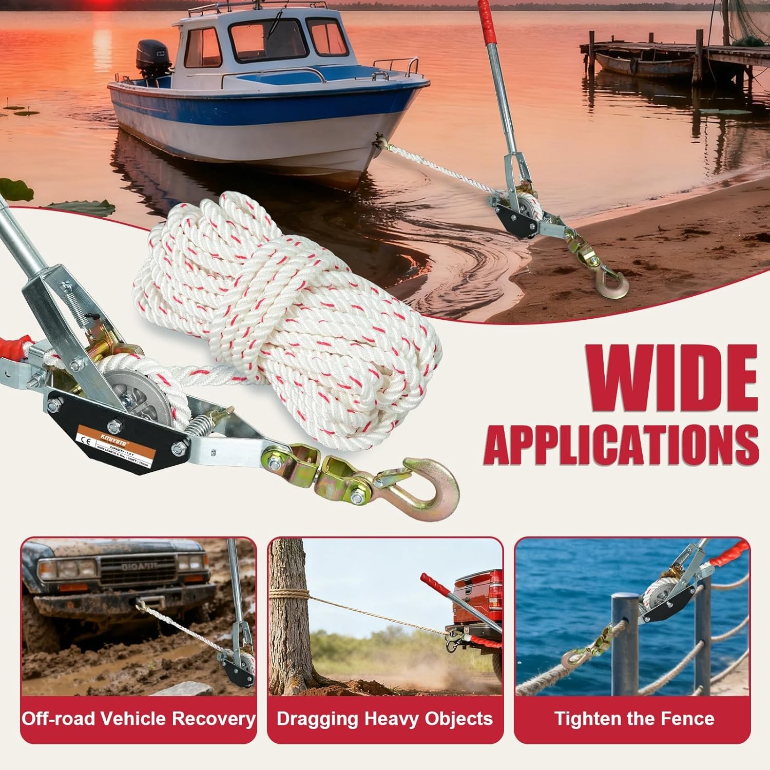 1.5 Ton 3300lb Rope Come Along Winch w/ 100' Rope