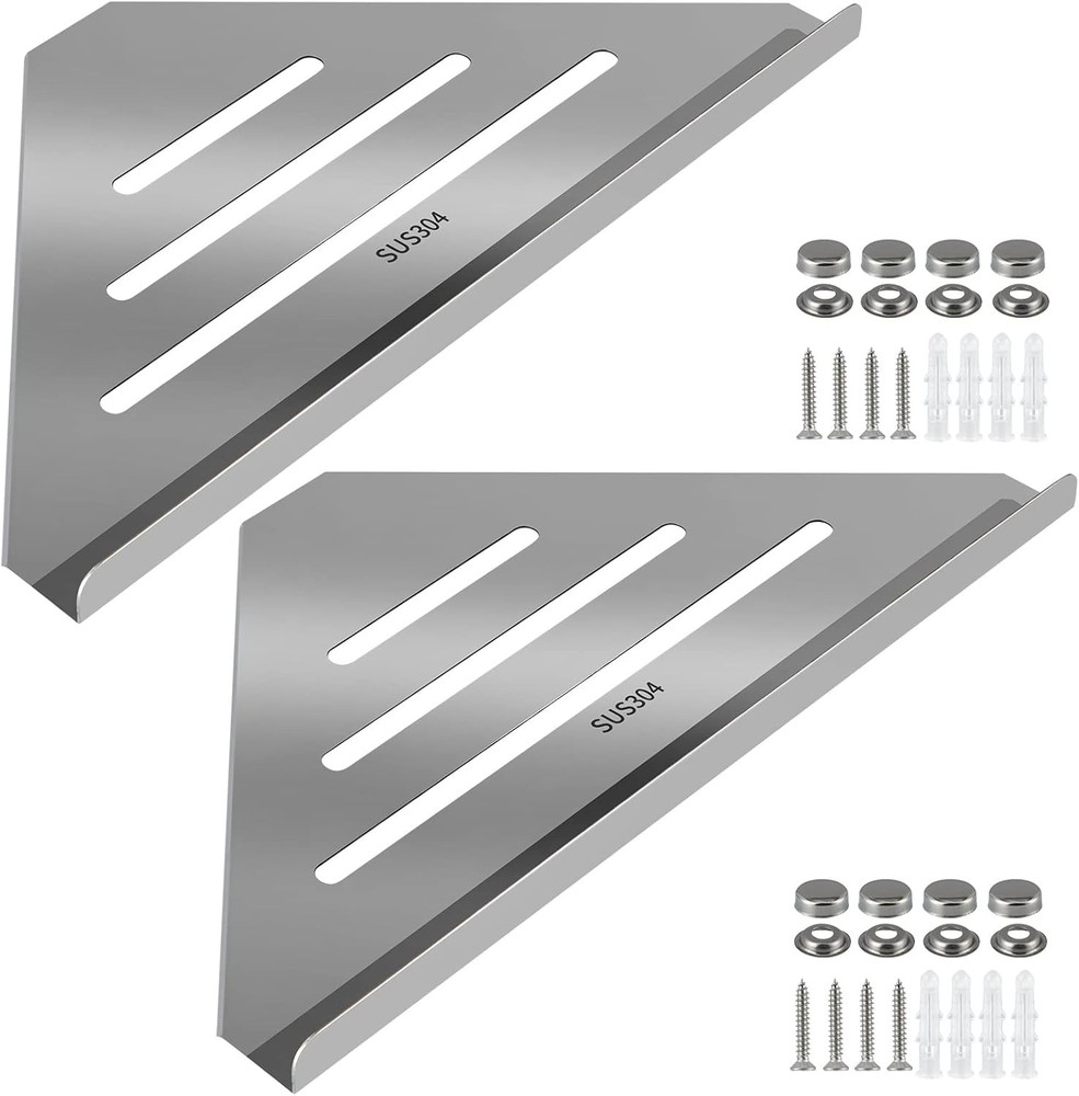 2 Pcs 304 Stainless Steel Corner Shelf with Screws, Triangle Shower Silver