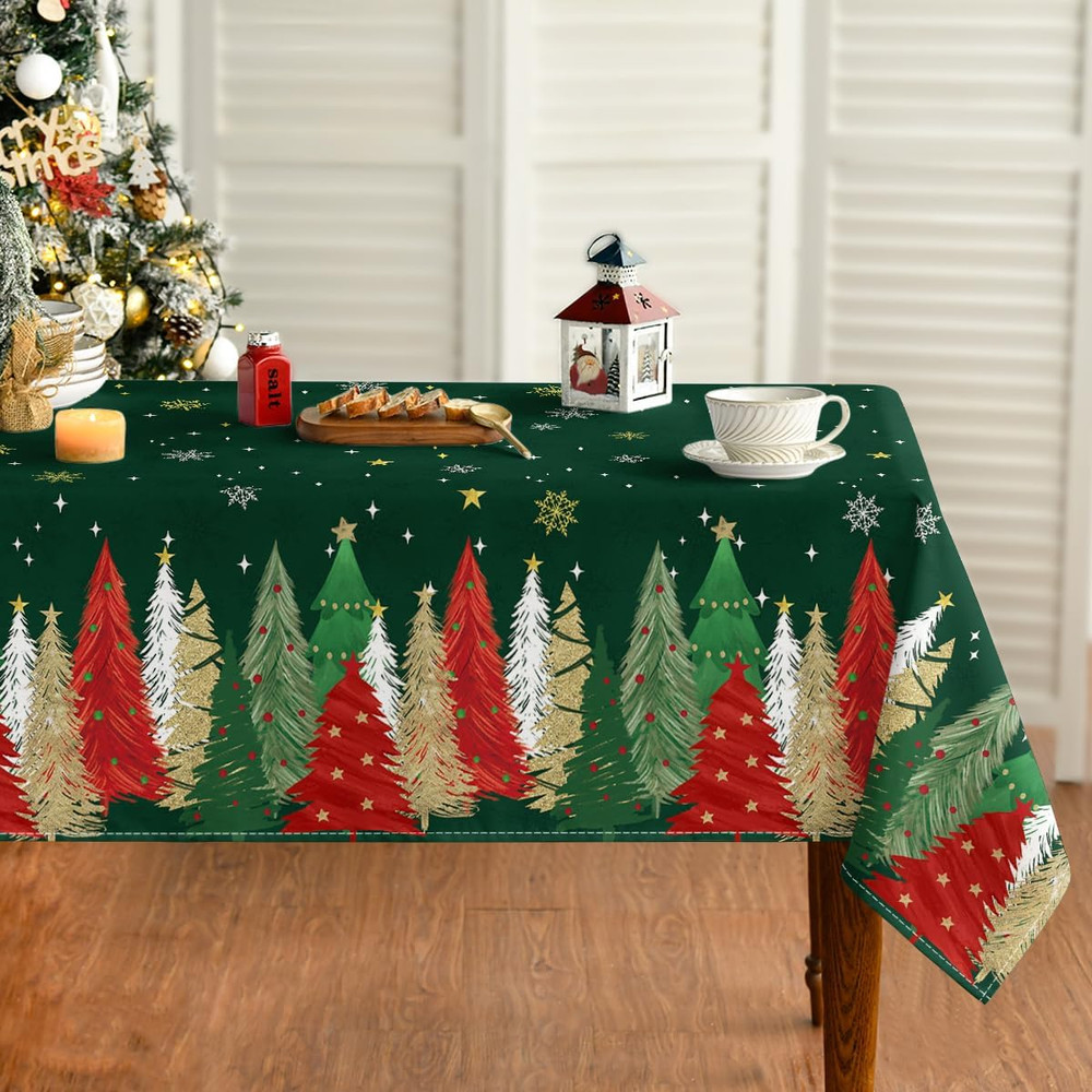 Christmas Tablecloth 60×84 Inch Rectangular, Christmas Trees Green Washable Tabl