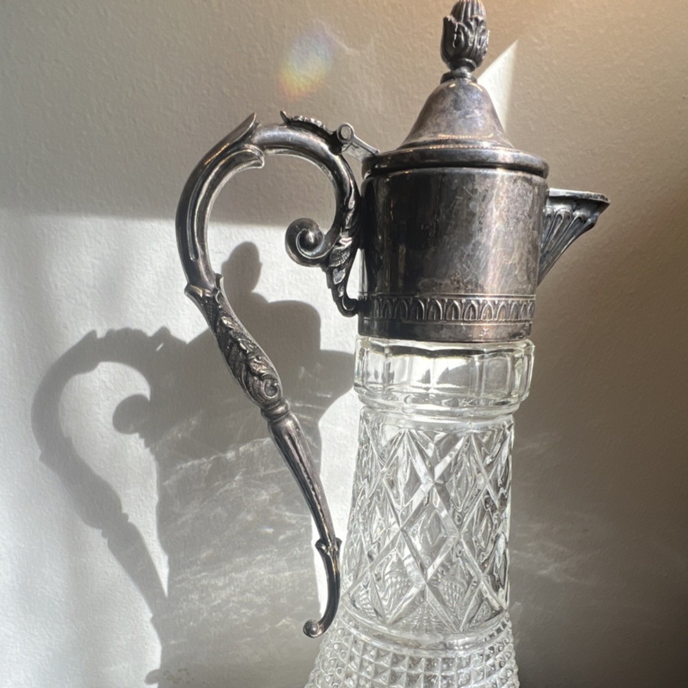 Italian Silverplate Cut Glass Lidded Pitcher Victorian Diamond Pattern