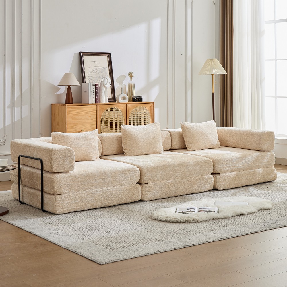 Convertible Floor Sofa Bed w/Fixed Frame, Chenille, Beige, No Assembly