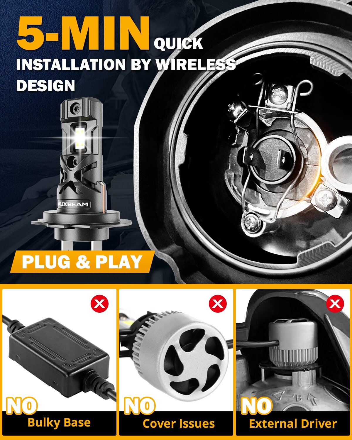 AUXBEAM Q30 H7 LED Headlight High/Low Beam Bulbs 110W 24000LM Bright White 6500K