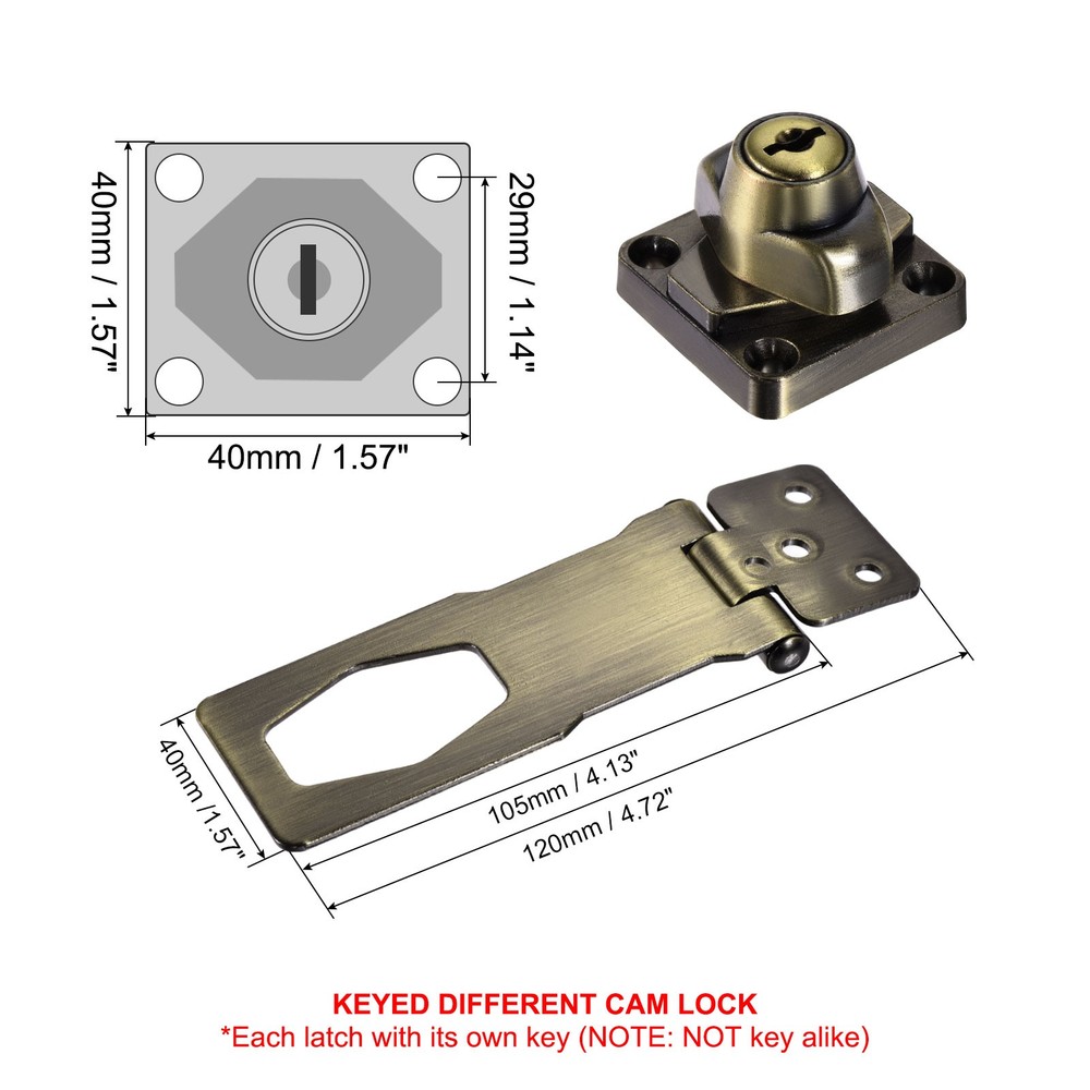 4Inch Keyed Hasp Locks Twist Knob Locking Keyed Different, Bronze