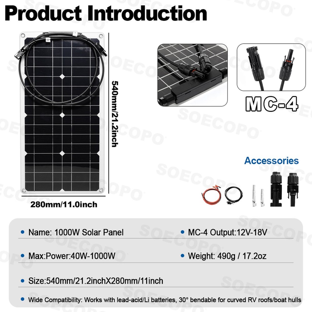 SOECOPO 10000W Peak Solar System Kit Flexible Panel 100A Controller 12V 110/220V