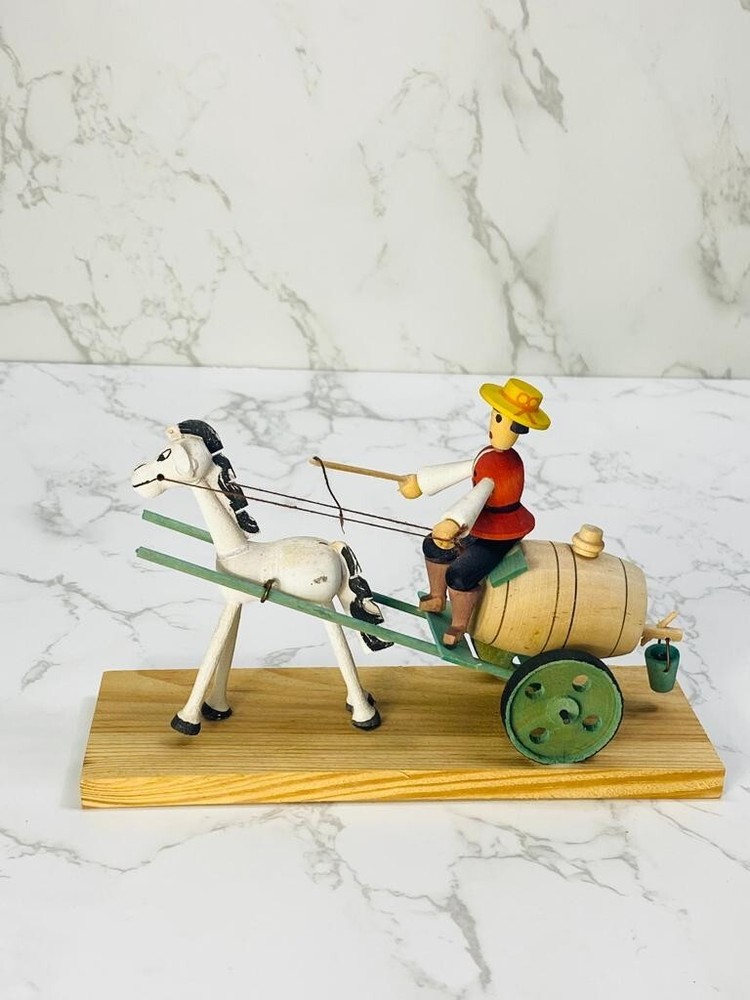 Vintage Handmade Horse Pulling a driver and Whiskey Barrel