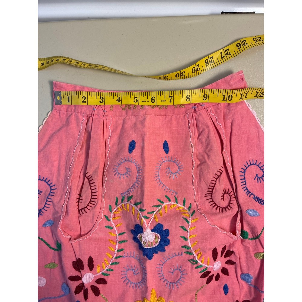 Hand Embroidered Vintage Pink Linen Apron Multicolr Pattern