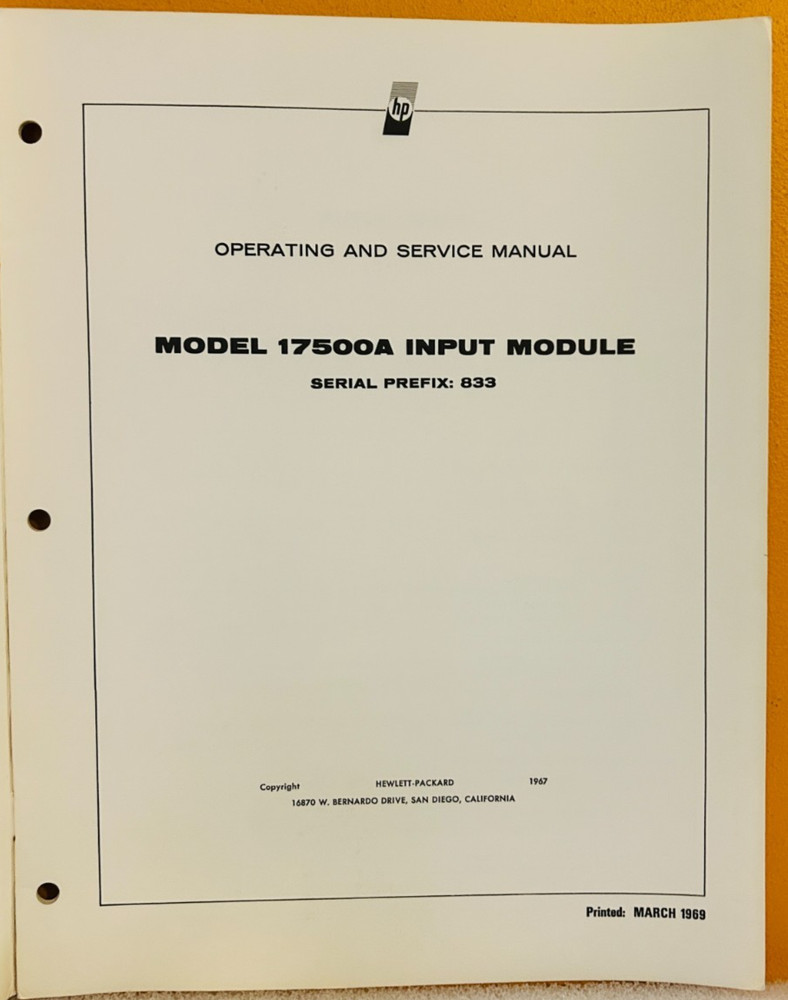 HP 17500-90001 1969 Model 17500A Input Module Operating & Service Manual.
