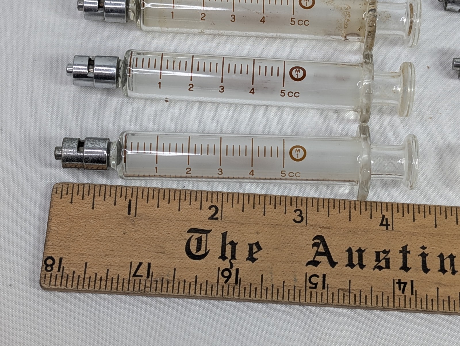 Lot of 7 B-D Luer Lock Multi Fit Glass Hypodermic Syringes NEW ORLEANS HOSPITAL