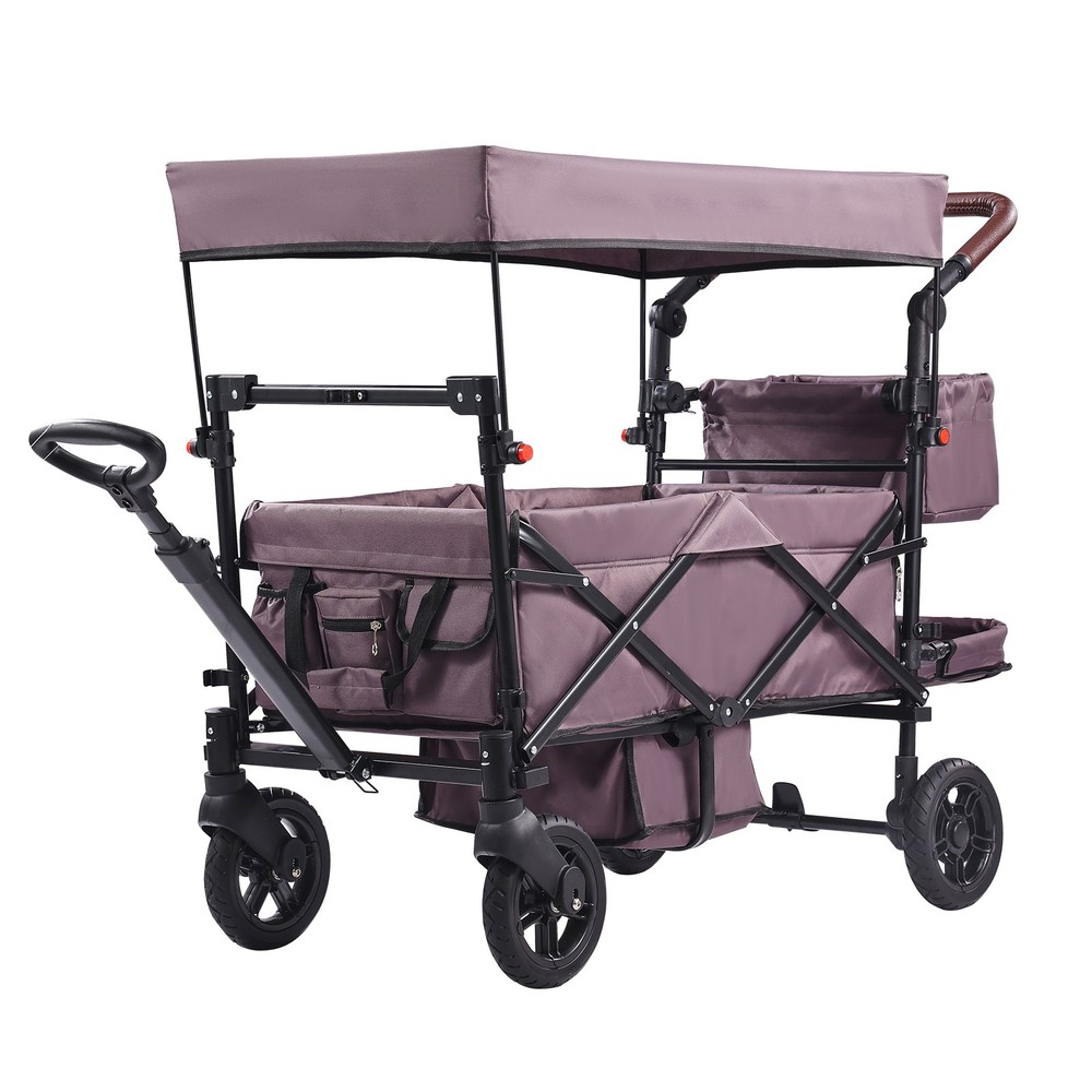 Double Stroller for 2 Kids, Collapsible Wagon with Adjustable Handle & Canopy