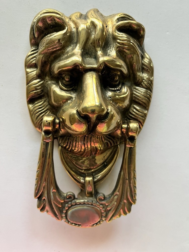 Brass Lion Head Gothic Architectural Door Knocker Attached Striker Screws