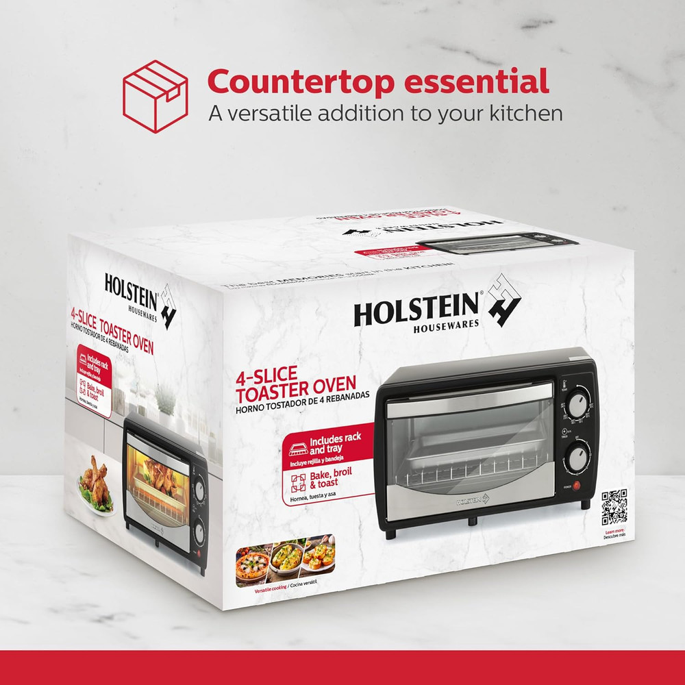 4 Slice Countertop Toaster Oven with 60 Minute Timer Includes Pan and Wire Rack,