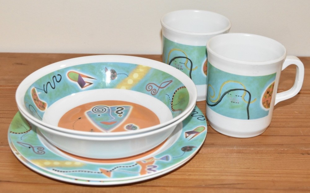 Melamine Plates, Bowls, Mugs - 2 Place Settings - EUC