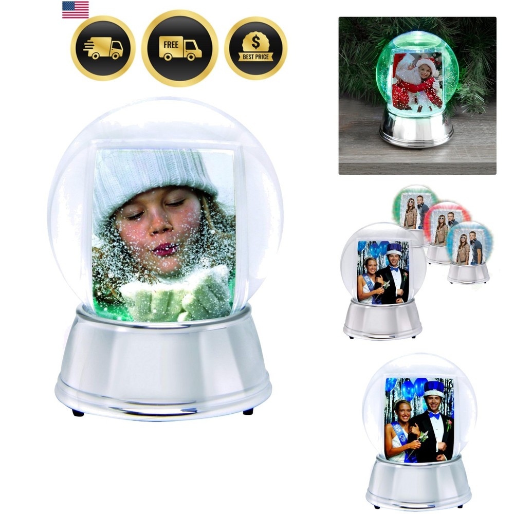 Large LED Light Up Photo Snow Globe w/Silver Base