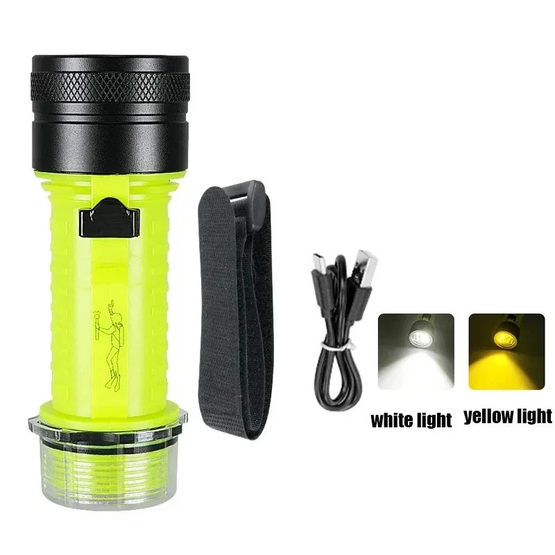 Professional Diving Flashlight Rechargeable Underwater Torch White&Yellow Light
