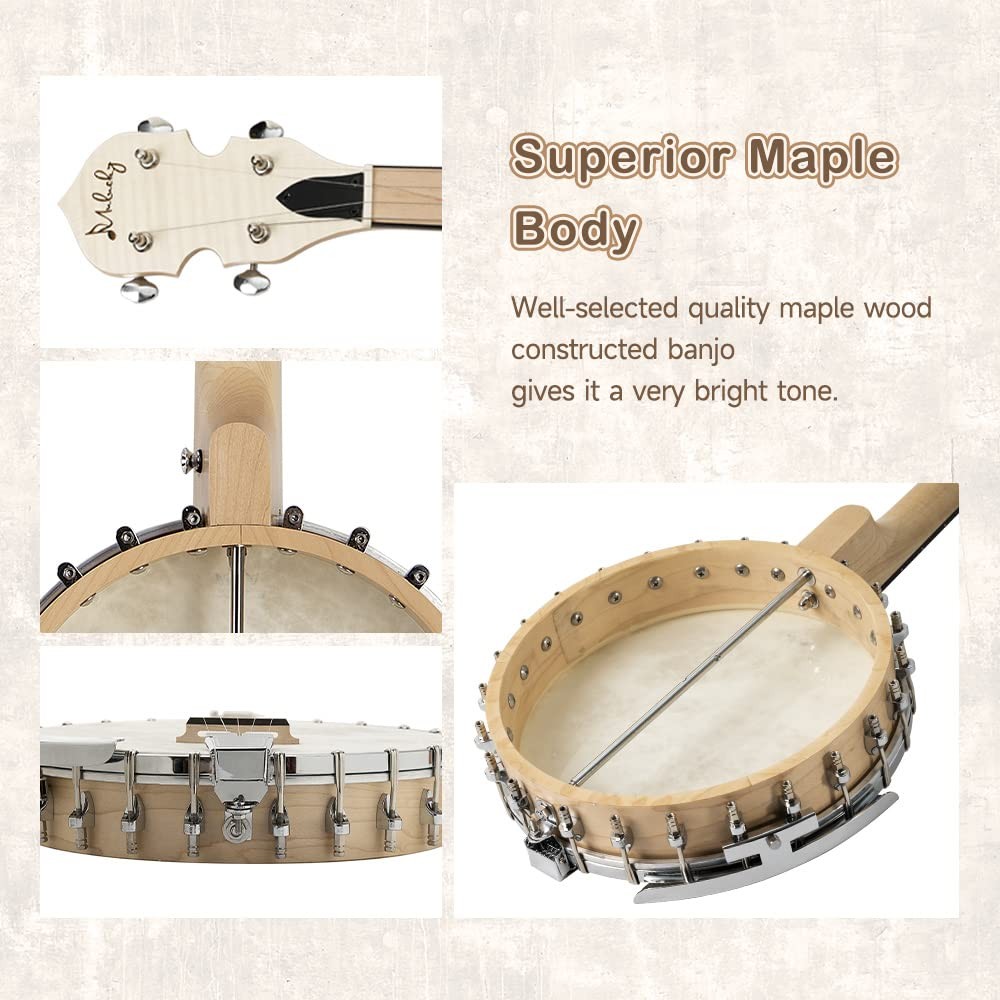5 String Banjo, Full Size with 24 Brackets Banjo, Open Back, Maple Banjos wit...