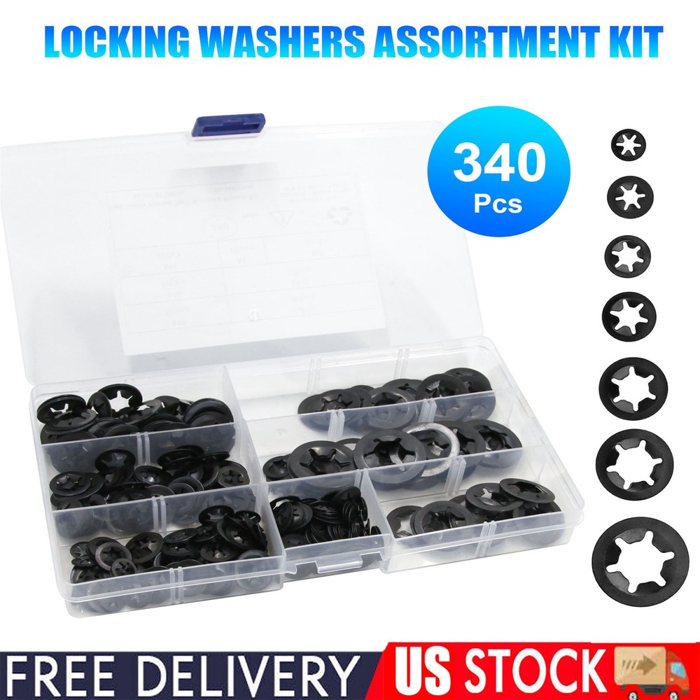 340pc Internal Tooth Star Lock Spring Quick Washer Push On Speed Nut Assortment