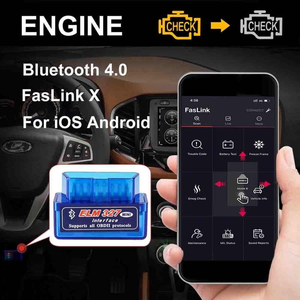 For iPhone OBD2 Car Bluetooth Scanner Code Reader OBDII ELM 327 Read Tool