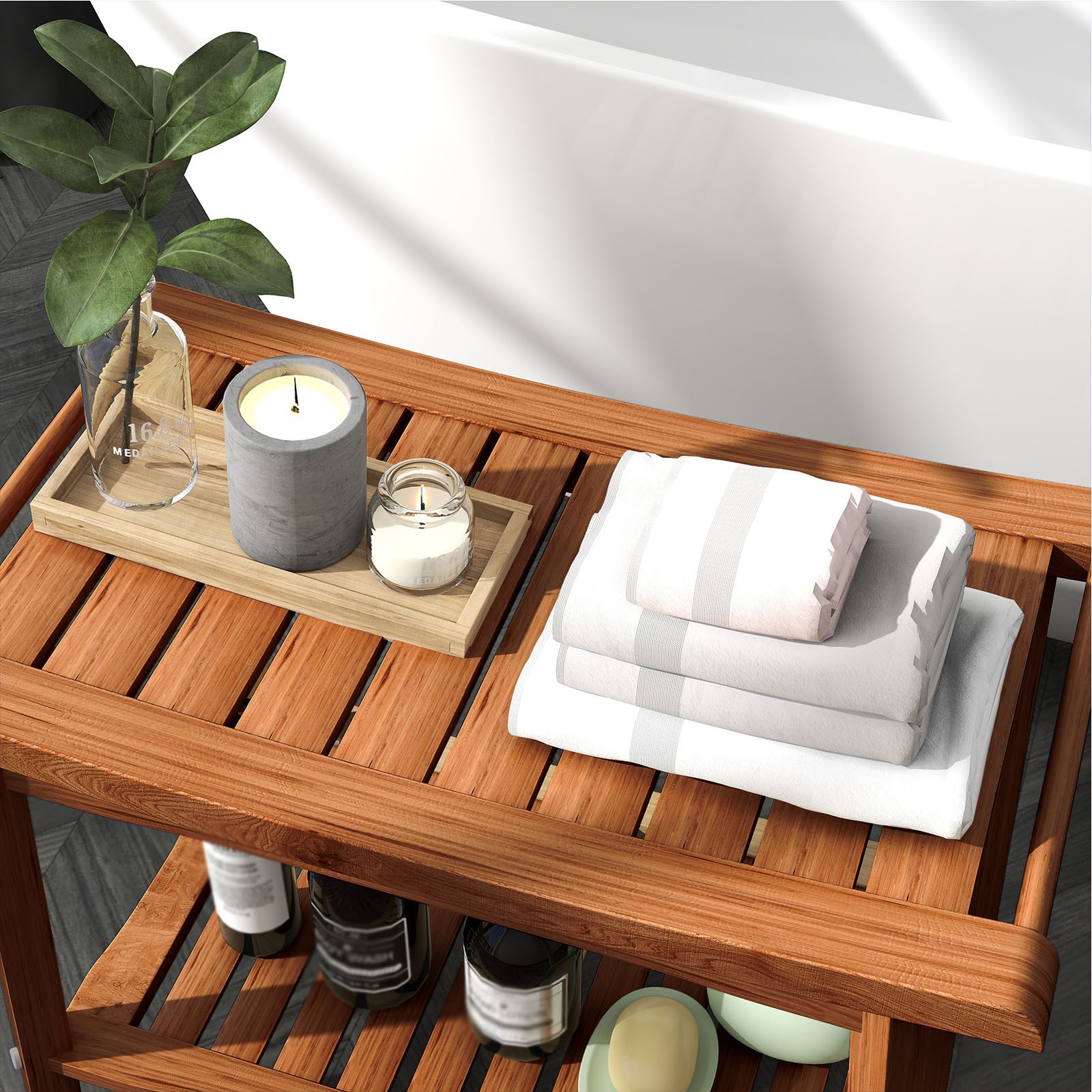 Shower Bench Wood Water Proof Ergonomic Shower Stool With Storage Shelf FKRT