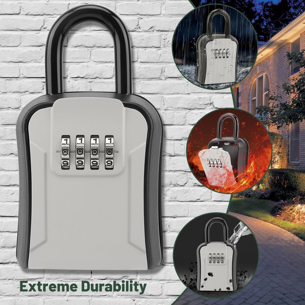 Key Lock Box Portable Waterproof 4 Digits Combination Lockbox Removable Shackle